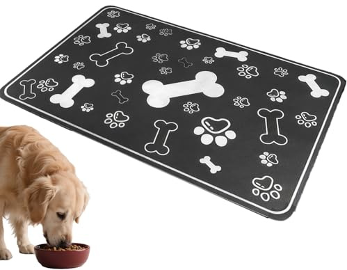 Dog Bowl Mat, 30x50cm Dog Food Mat for Pet Feeding and Water Bowls Placement, Cat Mats for Food Bowls with Black Bone Pattern Diatomite Material, Absorbent Non-Slip and Easy to Clean for Cats and Dogs