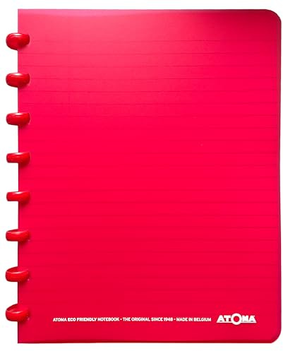 Atoma - Notizbuch A5 mit Ringen – 72 Blatt abnehmbar (144 Seiten) mit Rand – Deckel aus recycelbarem Polypropylen (rot – liniert (8 mm))