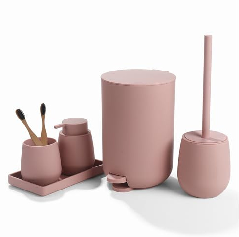 Set Bagno Accessori Completo Rosa, Portasapone e Portaspazzolino Bagno