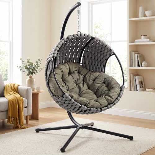 Blisswood Hanging Egg Chair Indoor & Outdoor, Swing Chair with Cushion & Stand, Foldable Hammock Chairs for Garden, Patio or Balcony, 150 kg Weight Capacity (Light Grey)