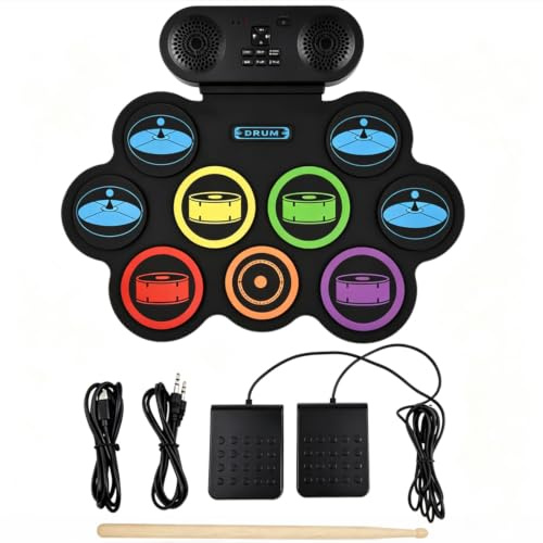 Faltbares Elektronisches Schlagzeug mit 7 Pads – Tragbares E-Drum Set mit Drumsticks & Dual Speakers, Ideal für Kinder & Anfänger als Geburtstags- oder Geschenkidee
