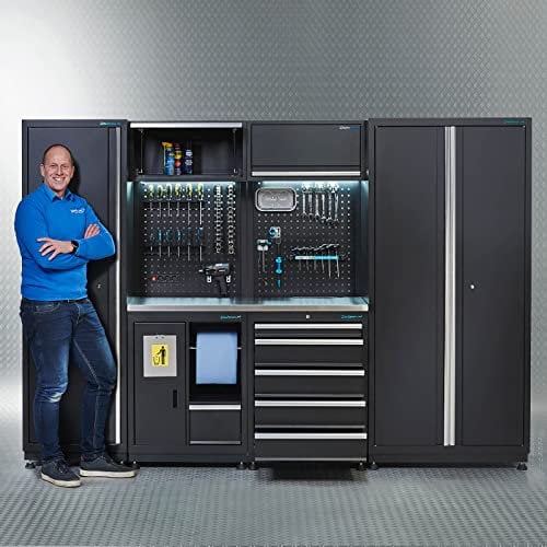 Datona Werkstatteinrichtung Premium 285 cm Edelstahl Arbeitsplatte 136 cm Werkbank 5 Schubladen Zwei Werkstattschränke Hängeschränke Lochwand LED und Steckdosen