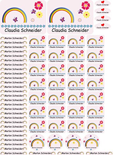 Namensaufkleber Kinder Schule Regenbogen - 69 Sticker - A4-Bogen - Namensetiketten selbstklebend - Aufkleber selbst gestalten - Kindergarten, KITA, Brotdose, Bücher, Federmappe, personalisiert