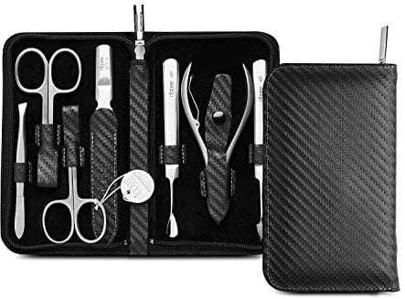 nippes Solingen Premium Line Maniküre Set Karbon, 7-teilig, Edelstahl rost- und nickelfrei, Rindsleder-Etui mit Reißverschluss, Schwarz, Nagelpflege Set, Pediküre Maniküre, Made in Germany
