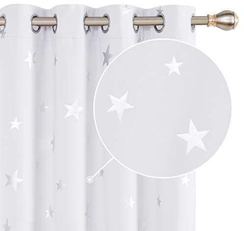 Deconovo Gardinen Verdunkelung für Schlafzimmer, Thermo Vorhänge mit Ösen, Vorhang mit Muster Sterne, 138x168 cm(HöhexBreite), Silber Grau, 2er Set
