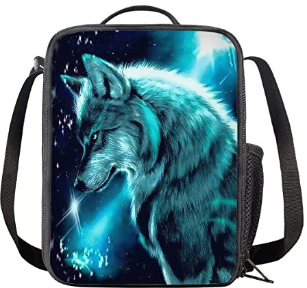 Amzbeauty Bolsa de almuerzo con estampado de lobo galaxia verde azulado para la escuela, niños y niñas, pequeña lonchera aislada con bolsa ajustable y extraíble