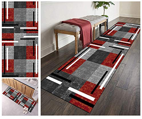 ZVEZVI Teppich Läufer Flur Korridor Küche Grau und Rot 80x200cm rutschfest Waschbar Bunter Vintage Kücheläufer Teppichläufer Polyester Meterware Anpassbar (Color : Color#2)
