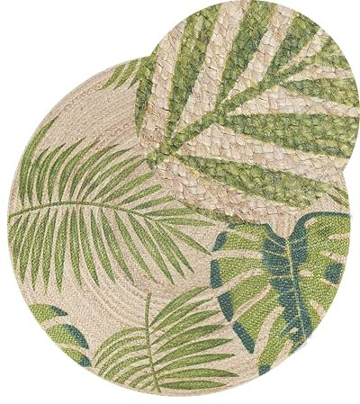 Runder Teppich Beige aus Jute Blätter-Muster in Grün ⌀ 140 cm Boho Stil Bugay