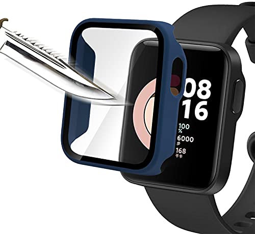 Msm-case Película protectora de pantalla azul con vidrio templado para Mi Watch lite, estuche para PC con dureza 9H, parachoques, estuche protector completo delgado para Smart Mi Watch lite