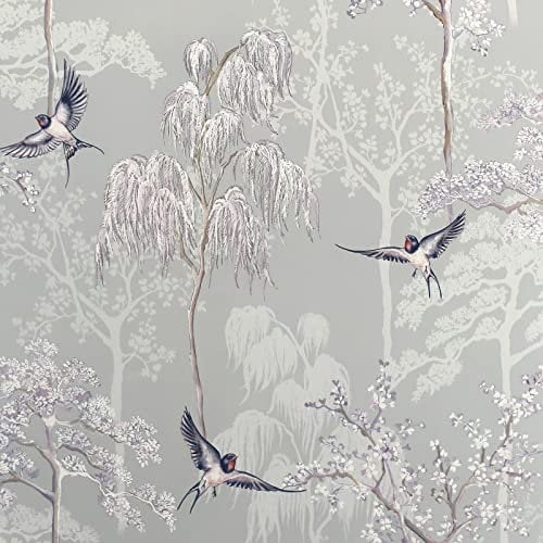 Arthouse Japanese Garden Grey Wallpaper - Hand Drawn Oriental Trees - Birds on a Soft Grey Background - Handrawn Pattern - Pearlescent Highlights adds Texture - Create a Relaxing Effect - 908105