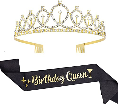 Birthday Queen Sash & Tiara Set,Black Sash with Gold Letter for Women Birthday Party Supplies,Great Gifts for Mom/Grandma(Black Gold)