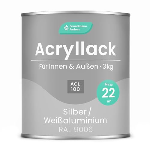 Grundmann Acryllack ACL 100 - Silber 3 Kg - 4in1 Lack inkl. Grundierung - Innen und Außen - Für Holz, Metall, Stein & Kunststoff - Weißaluminium RAL 9006