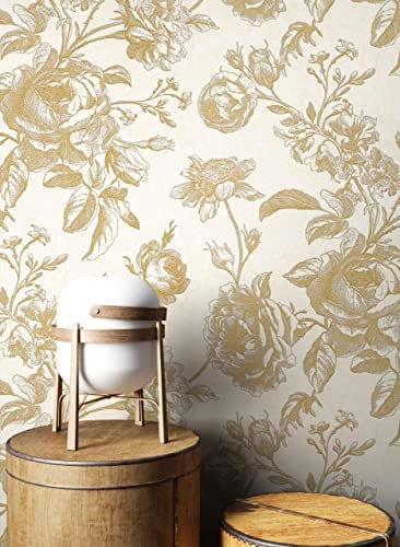 NEWROOM Tapete Beige Vliestapete Blumen - Blumentapete Floral Gold Creme Rosen Beton Romantisch inkl. Tapezier-Ratgeber