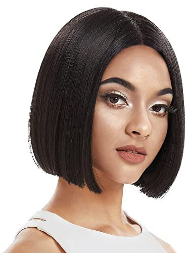 FASHION IDOL Schwarze Bob Lace Front Perücken für Frauen Synthetisches mittleres T-Teil Lace Front Perücken 10 Zoll Hitzebeständige Fasern Bob Perücke für den täglichen Partygebrauch