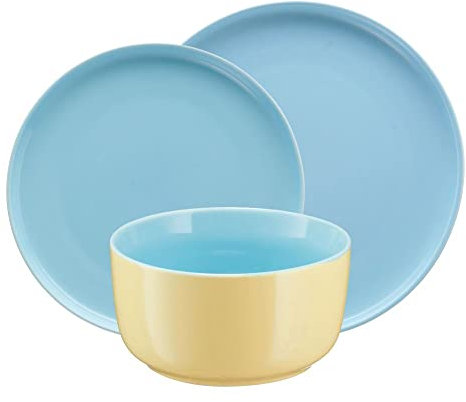 VILLA ITALIA BORNEO Porzellan Geschirrset für 6 Personen in Gelb - Blau (6 Flache Teller - 6 Dessertteller - 6 Schüssel) - Tafelservice 6 Personen - Porzellan Geschirr Set - Ess Service 6 Personen