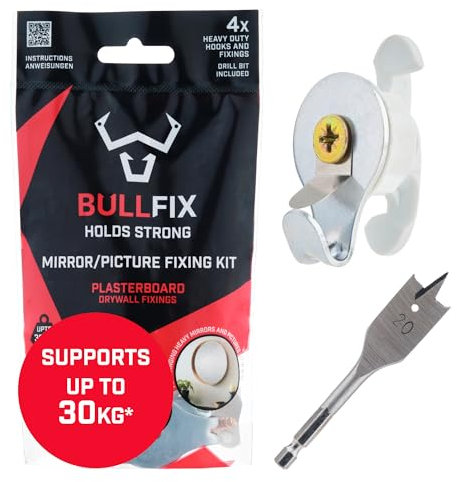 Bullfix Mirror/Picture Hanging Kit - Heavy Duty Plasterboard Fixings for Pictures, Mirrors and Canvases - 4 Bullfix Universal Anchors with Collars, Hooks and a 20mm Drillbit, Picture Frame Fixings Kit