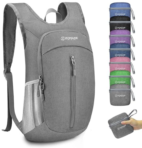 ZOMAKE Faltbarer Rucksack Klein Ultraleicht,10L Wanderrucksack(Grau) | Stabiler Leicht Laufender Reißverschluss Verhindert Ungewolltes Öffnen und Sichert den Inhalt bei Wanderungen und Bergtouren