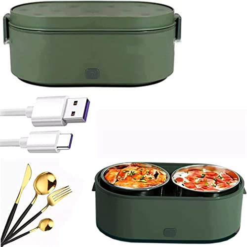 ZUMAHA Actualizado Caja de Almuerzo eléctrica con Puerto USB, Caja de autocalentamiento de 0.8L, Calentador de Alimentos con Revestimiento de Acero Inoxidable 304, Verde Lonchera
