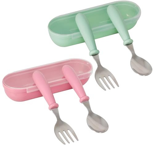 Set di Posate per Bambini, Forchetta e Cucchiaio per Bambini, Posate Bimbi Toddler Utensili in Acciaio Inossidabile, Posate per Bambini con Scatola per Casa, Scuola e Viaggi (Rosa+Verde)