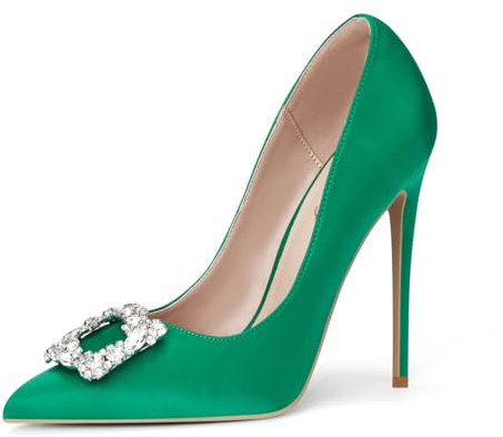 GENSHUO Decolleté con Tacco Alto in Satin con Strass per Matrimonio e Festa - Tacco da 12 cm, Raso Verde, 40 EU
