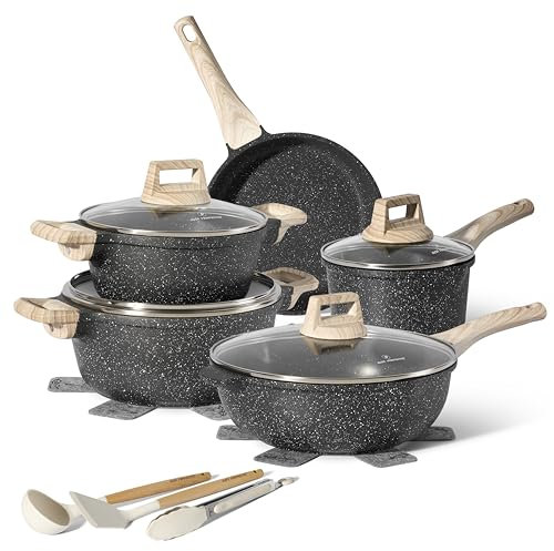 JUST PERFECTO Bateria de Cocina Induccion y Sartenes Antiadherentes, Ollas 28cm, Sartenes 24cm 28cm, Cacerolas libre de PTFE y PFOA (14 piezas negras)