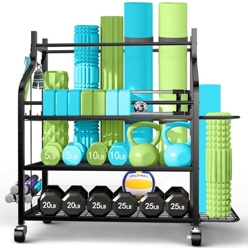 Hantelständer, Home Gym Weight Rack, Yoga Mat Storage Racks, Weight Rack for Hantells Kettlebells Yoga Mat and Balls, All in One Workout Storage with Wheels and Hooks
