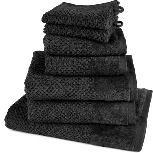 Pure Label Handtuch Set 7tlg 1xDusch 2xHand 2xGäste 2xWasch Schwarz | 100% Baumwolle, weich & saugstark - Waschbar bis 60∘C, trocknergeeignet