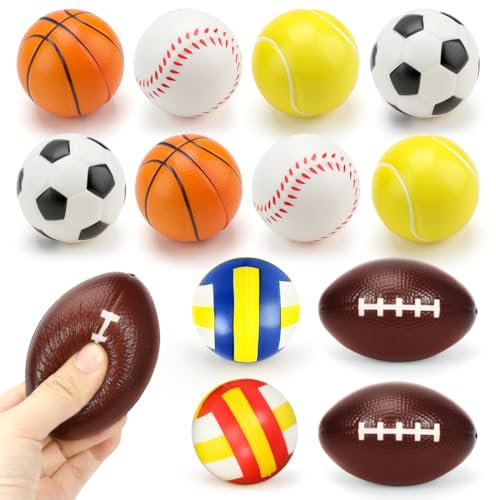 Cadimus 12 Stück Stressball, Mini Sportbälle, Antistressball für Kinder und Erwachsene, Stressabbau Ball Enthält Mini Fussball Basketball Baseball Tennis Rugby und Volleyball, Linderung Entspannung