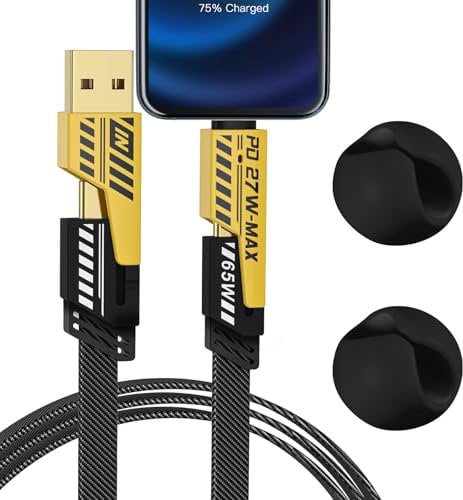 Katslyn 4-in-1 Fast Charger - Dual Type C Data Cable, Flat Braided Anti-Tangle Charger, Compatible with Phone, Pad, Tablet, Laptop
