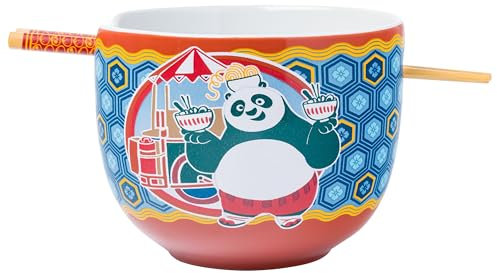 Silver Buffalo Kung Fu Panda Featuring Po Holding Ramen Ceramic Ramen Noodle Rice Bowl with Chopsticks and Spoon, Microwave Safe, 20 Ounces