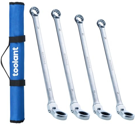 toolant 4-teiliges extra langes Ratschenschlüssel-Set, Geschenk für Herren, Flexkopf und fester, versetzter Kopf, Doppel-Kastenend-Ringschlüssel-Set, CR-V-Stahl, metrisch 21–24 mm, 4 Stück mit