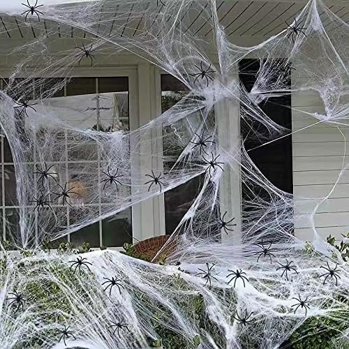 GWAWG Halloween Spinnennetz,240g Dehnbare Spinnweben mit 60 Realistischen Spinnenattrappen,Halloween Deko Spinnennetz,für Innen Outdoor Gärten Garagen Spukhauspartys
