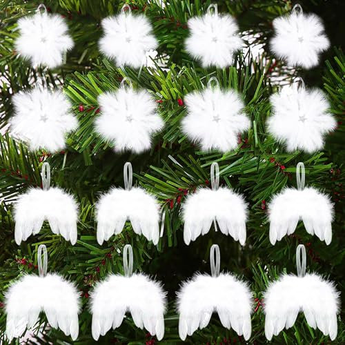 Bekeify 16 PCS White Feather Christmas Tree Decorations 2 Styles Vintage Angel Wings and Snowflakes Hanging Ornaments Gifts Christmas Baubles Pendants for Crafts DIY Xmas Birthday Wedding Party Decor
