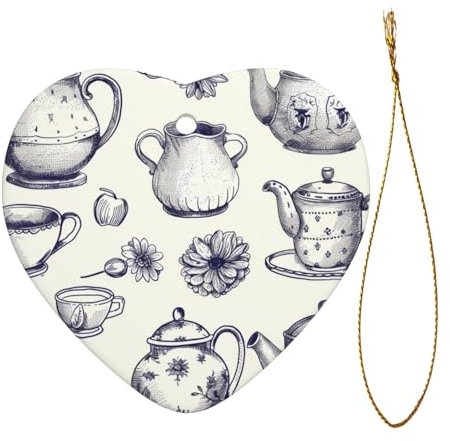 Hand Drawn Teapots and Cups Printed Christmas Hanging Ornaments Heart-Shape Festive Ceramic Xmas Tree Hanging Decoration with Golden Hanging String