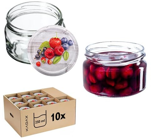 KADAX 10er Set Marmeladengläser 250 ml mit Schraubdeckel Ø 82 mm in Himbeeren - luftdichte, spülmaschinenfest, ideal für Marmelade, Chutneys, Eingelegtes Gemüse, Fleisch, Pasteten & Babynahrung