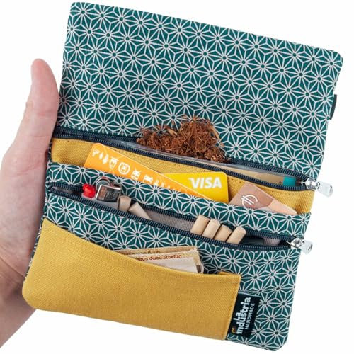 La Industria Handmade Tabaktasche für Drehtabak, Filter, Blättchen und Feuerzeug - Tabakbeutel Bio-Baumwolle mit extra Reißverschlussfach für Handyzubehör, EC-Karten, Bargeld
