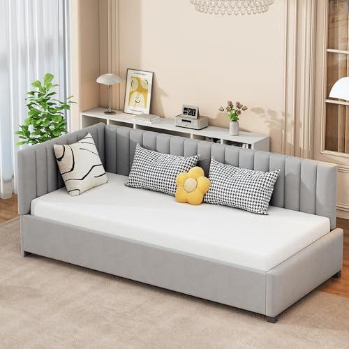 Lcoho Polsterbett,Sofabett, Multifunktionsbett mit Lattenrost Hautfreundlicher Samtstoff (Grau,90x200cm)