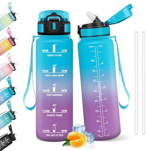 HoneyHolly Gourde 1l, Étanches, Gourde Paille, sans BPA & Réutilisable, Bouteille, Motivation Bouteille d'eau, Avec Marqueur de Temps, Gourde Sport pour Gym, Ecole, Cyclisme, Plein air, Sport