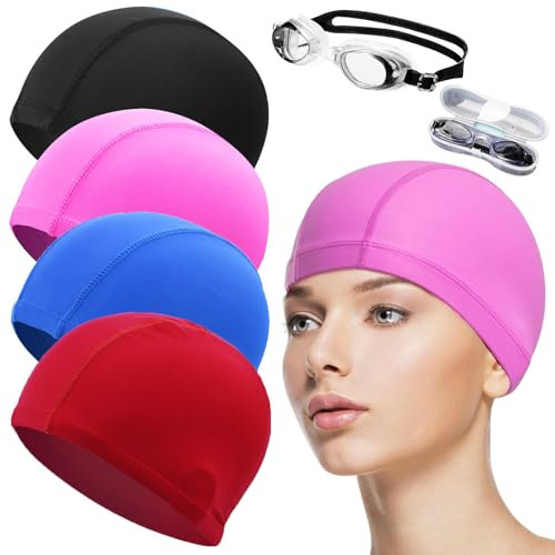 Qaestuan 4 Pezzi Cuffia da Nuoto Unisex, con gli Occhialini da Nuoto, Cuffie Piscina Adulti, Elastica Cuffia Piscina, per Bagno Nuotare e Sport (Multicolore)