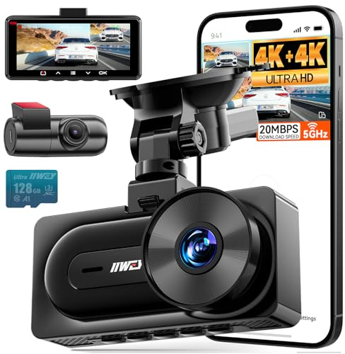 IIWEY 4K+4K Dash Cam Front and Rear, Dual STARVIS Sensor, 5G WiFi-6 (up to 20MB/s) with App, 128G SD Card Included, GPS, Dash Camera for Cars with 24/7 Parking Mode, 3.18 Inch IPS, 170° Wide Angle