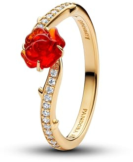 PANDORA Disney Die Schöne und das Biest Magische Rose Ring aus 14K vergoldetem Sterling Silber mit Zirkonia und Emaille, Größe: 58, 163984C01-58