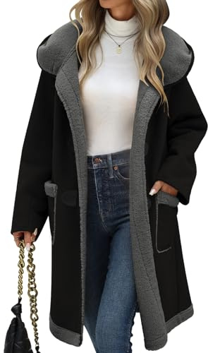 UMIPUBO Women Suede Sherpa Fleece Lined Duffle Faux Leather Coat Mid Length Hooded Toggle Jacket with Pockets, Black, L