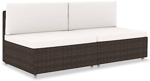 QJBSAVVA Modulares 2-Sitzer Gartensofa aus Poly Rattan Braun 58,5 cm Breite mit cremefarbenen Kissen Stahlgestell wetterfest Modernes Design für Balkon Terrasse Garten Lounge