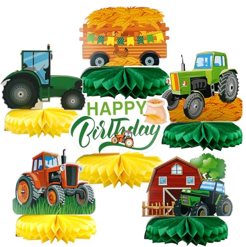 ASFWAGQ 6 Stück Traktor Party Tischdekoration, Bauernhof Party Deko Set mit Waben Tischaufsatz für Traktor Geburtstag, Babyparty & Bauernhaus Theme, 6 Designs