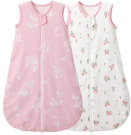 Duomiaomiao Baby Schlafsack 2er 1.0 Tog Schlafsack,Schlafsack 100% Baumwolle ganzjährig Babytragbare Decke unisex Kleinkind Neugeborener Schlafsack 6-18 Monate, Hase und Fuchs(pink-violette Blumen)