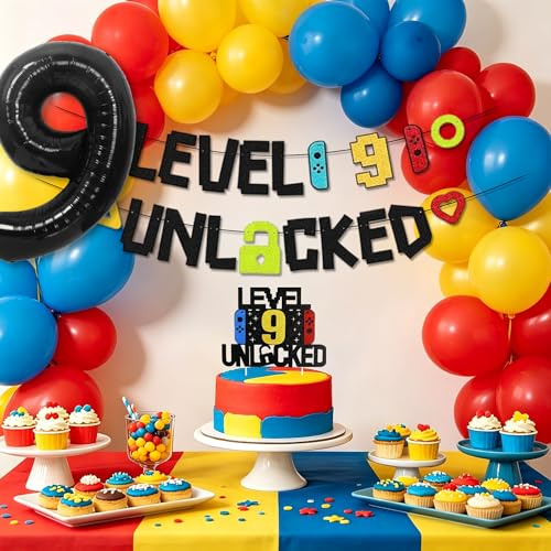 9th Gaming Birthday Set Banner Cake Topper Game Theme Boys Birthday Decor | Gaming Cake Topper Level 9 Unlocked Banner Game Theme Balloons Double Digits 9th Boys Birthday Party Decorations