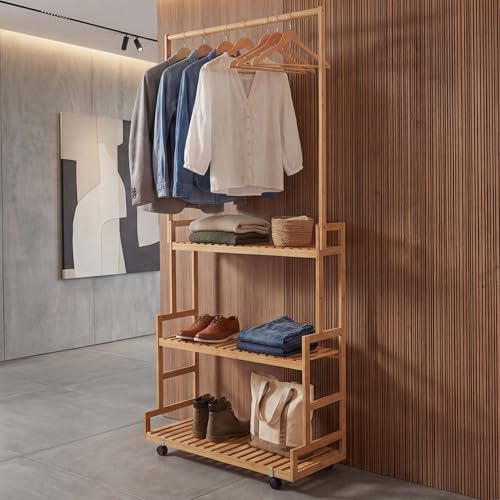 Mendler Bambus Standgarderobe HWC-Q33, Garderobenständer Kleiderständer Schuhregal, Stange 3 Ablagen Rollen 175x93x38cm - Natur