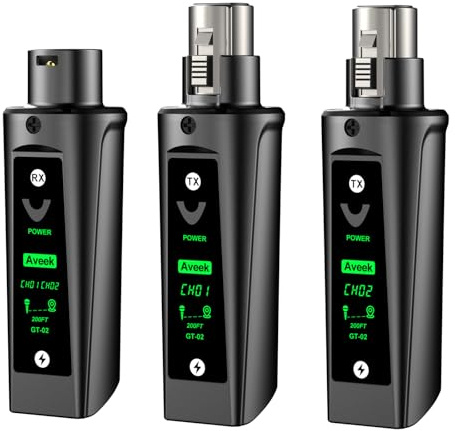 Aveek Kabelloses XLR-Sender/Empfänger für Dynamisches Mikro, 60M Reichweite | <2 ms Latenz,stabiles Signal, 12H Akkulaufzeit, automatisches Pairing, Adapter für Mischpult, PA-Anlage, Kirche,Bühne,Audio
