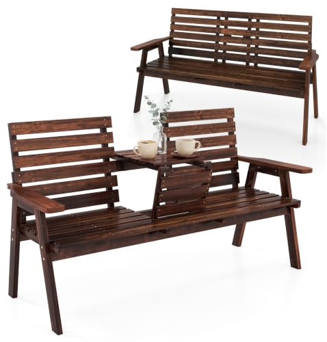 COSTWAY Gartenbank mit Tisch, Holzbank für 2–3 Personen | Sitzbank mit klappbarem Mitteltisch, Parkbank aus Holz bis 300 kg belastbar, Terrassenbank für Balkon, Garten, Terrasse