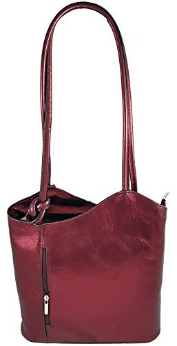 Freyday 2 in 1 Handtasche Rucksack Henkeltasche aus Echtleder in versch. Designs HR03 (Rot Metallic)
